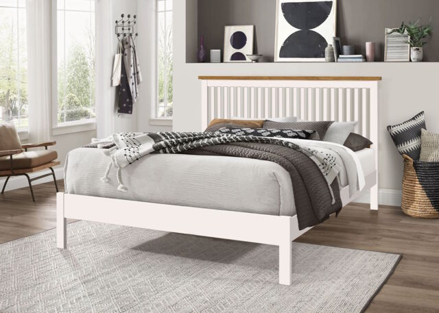 3ft Single White,Solid Wood Wooden Bed Frame Bedstead with Oak finish top rail