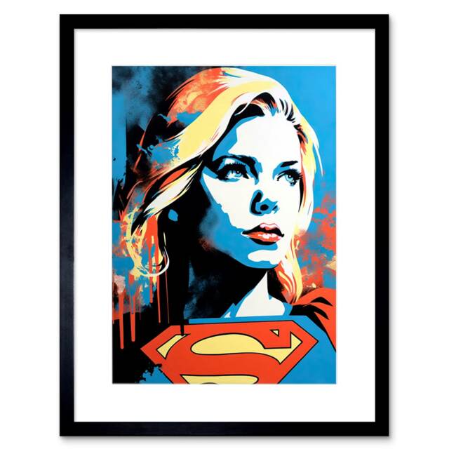 "Supergirl Portrait Blue Red Yellow Comic Book Superhero 9x7"" Black Framed Wall Art Print"