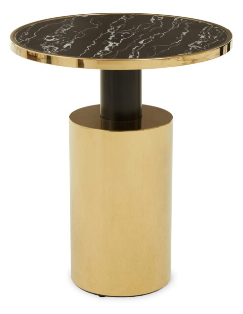 Interiors by Premier Black Marble‑Effect Top & Gold‑Base Side Table, Round Tempered Black Marble‑Look Glass Surface Gold
