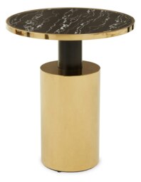 Interiors by Premier Black Marble‑Effect Top & Gold‑Base Side Table, Round Tempered Black Marble‑Look Glass Surface Gold