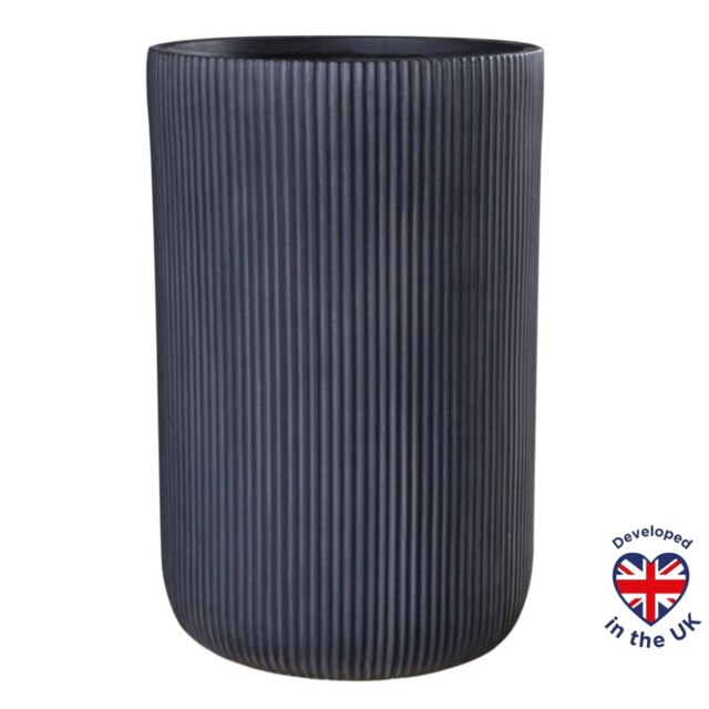 Ribbed Black Cilinder Outdoor Garden Planter D24.5 H36.5 cm, 17.2 ltrs Cap.
