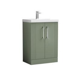 Retro 2 Door Floor Standing Vanity Unit with Thin-Edge 1 Tap Hole Ceramic Basin - 600mm - Satin Green - Balterley Green