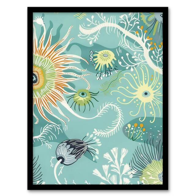 Abstract Under Water Sea Drawing Sea Life Ocean Black Framed Wall Art Print A4