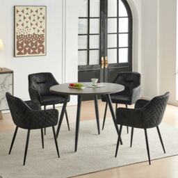 SONARA Dark Walnut Round Dining Table & Faux Suede Chairs, Modern 4 Seater for Dining Room