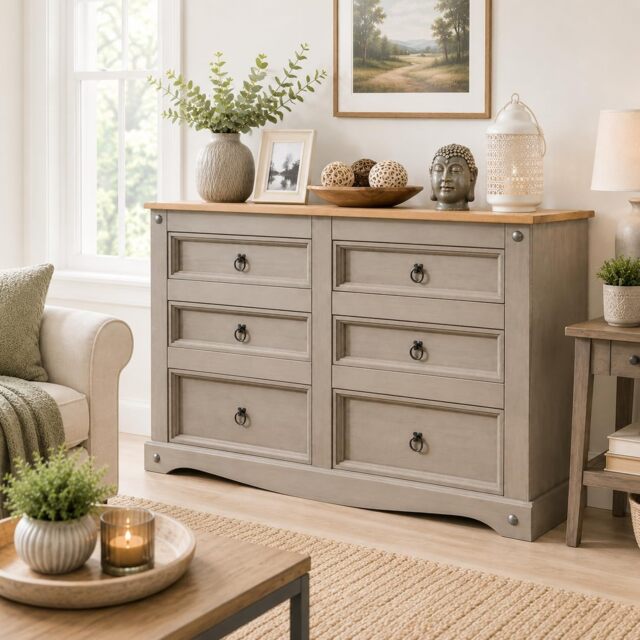Corona Chest of Drawers 6 Drawer Grey Solid Pine Wood Sideboard