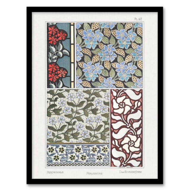 "Periwinkle Flower Pattern Vintage Floral Framed Wall Art Print Verneuil 12x16"""