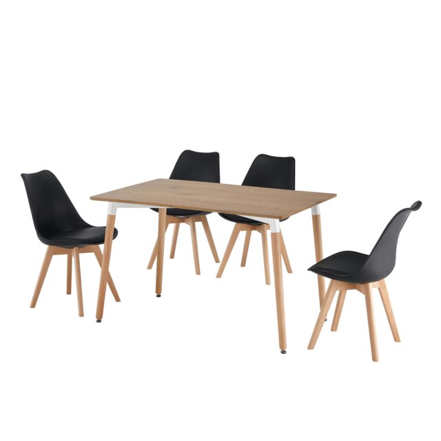 5 Piece Rectangular Dining Set Oak Table Top With Black Chairs