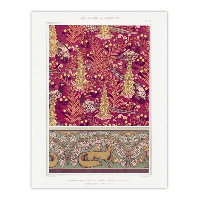 "Flowers Pheasants Foxes Patterns Vintage Wall Art Print Verneuil 24x32"""