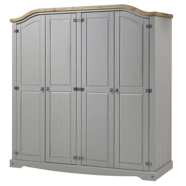 Mercers Furniture Corona Grey Wax 4 Door Arch Top Wardrobe Large Robe Solid Wood Pine Wooden Bedroom Rustic Mexican Styling