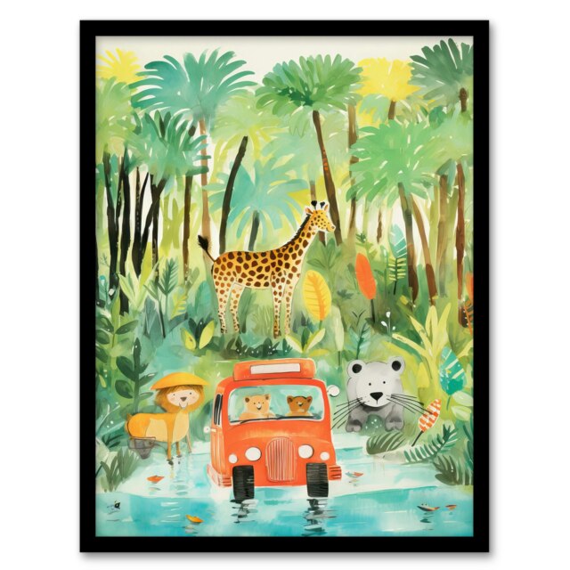 Jungle Safari Adventure Animals Kids Bedroom Black Framed Wall Art Print A4