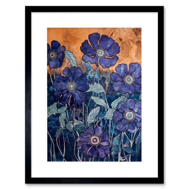 "Anemone Flower Blue Amber Watercolour Painting 9x7"" Black Framed Wall Art Print"