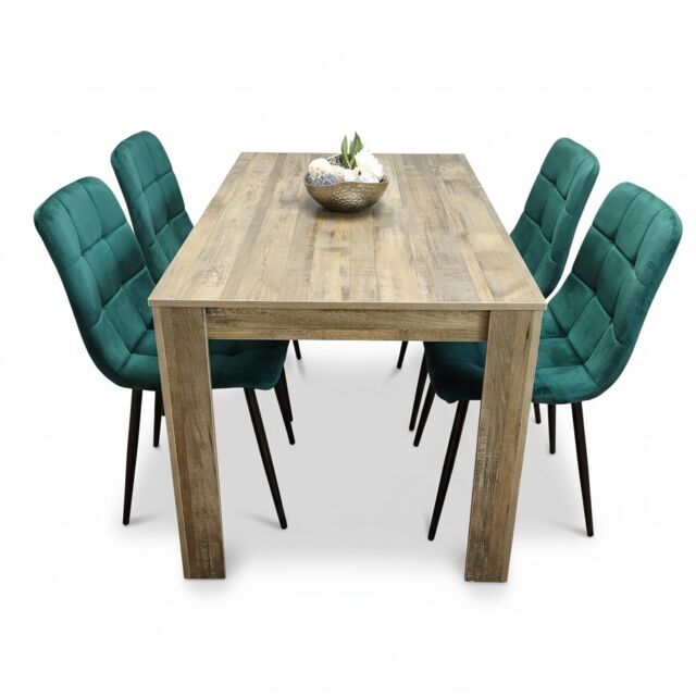 Dining Set of 4 Dining Table and 4 Green Velvet Chairs Dining Room