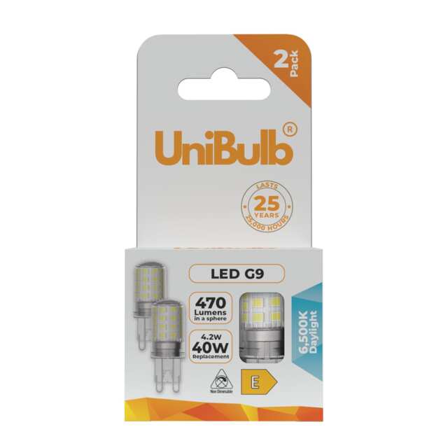 UniBulb LED G9 470lm 4.2W (Replaces 40W) 6500K (Daylight) Capsule Light Bulb - Box of 2 White Daylight 2