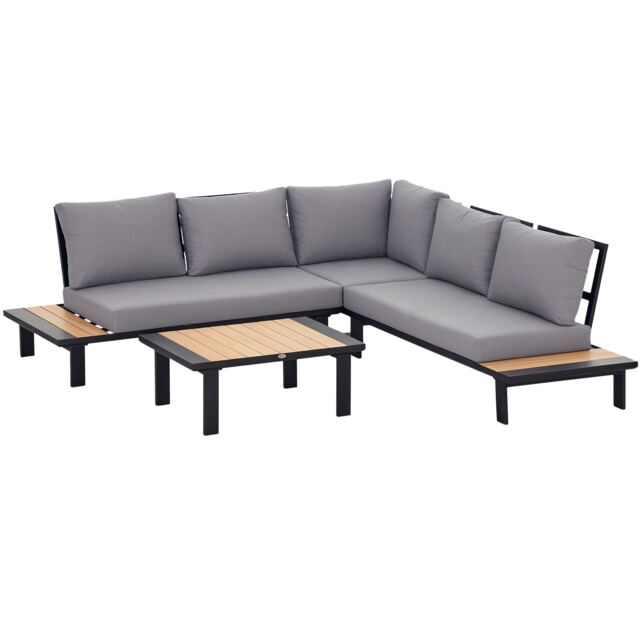 Outsunny 4 Pieces Aluminium Garden Furniture Sets with Thick Padded Cushion, 5 Seater Outdoor L Shape Corner Sofa Conversation Set, w Coffee Table and Sofa Side Table for Patio, Deck, Dark Grey