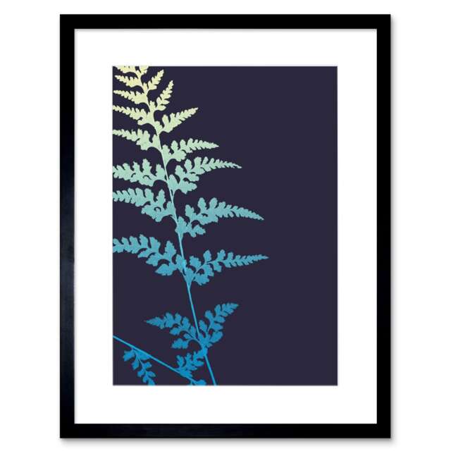 "Fern Frond Yellow Blue Gradient Colour Design 9x7"" Black Framed Wall Art Print"