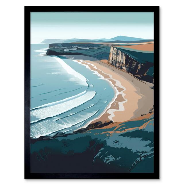 "Rhossili Bay Cliffs Over Beach Coastal Landscape 12x16"" Framed Wall Art Print"