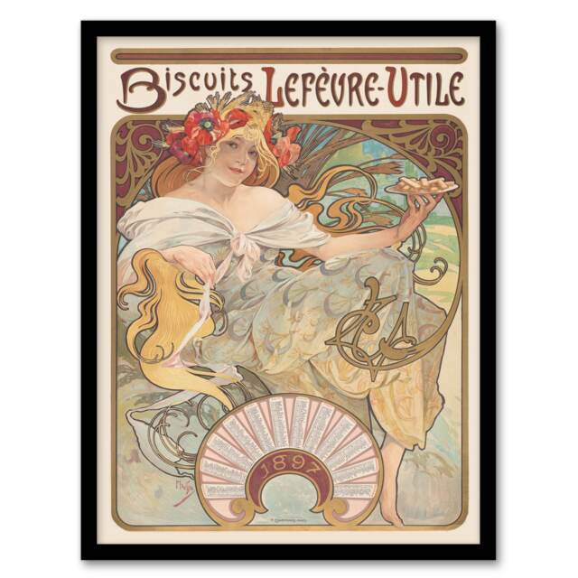 "Biscuits Lefevre Utile Vintage French Ad Framed Wall Art Print Mucha 12x16"""