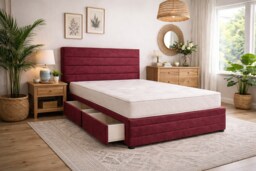 Divan Bed Set Headboard and Footboard with Mattress 5ft Kingsize Maroon Suede Storage 2 Drawers Left Side Laying in Bed