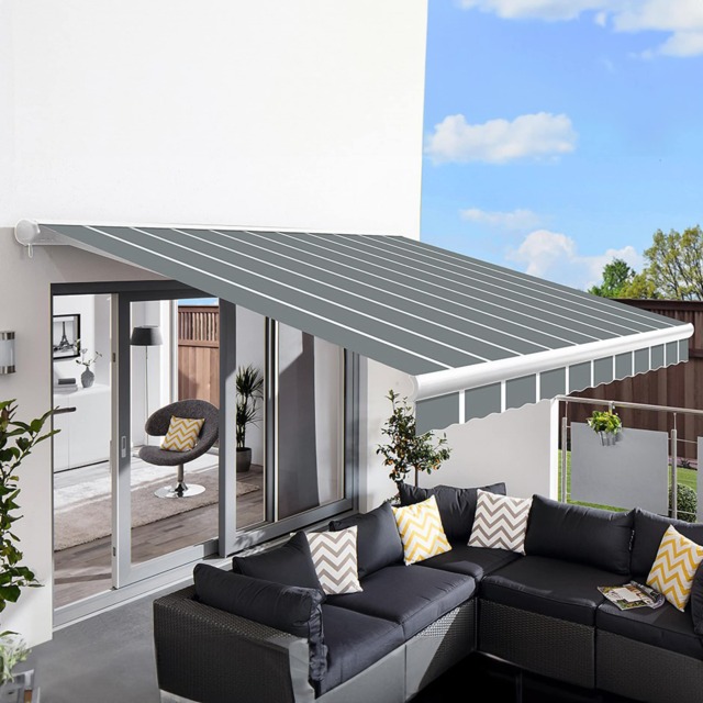 Awnings 3.0m x 2.5m Retractable Electric Full Cassette Pin Striped Grey Awning Grey Pin Stripe Grey