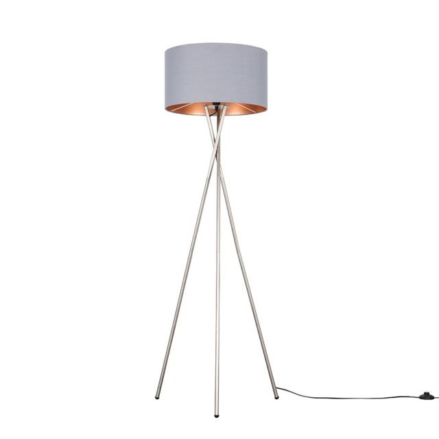 ValueLights Camden Brushed Chrome Tripod Floor Lamp Grey Copper Shade and Bulb