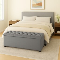 150cm Chesterfield Plush Velvet Grey Upholstered Storage Ottoman Bench - Deep Tufted Lid & Wooden Leg