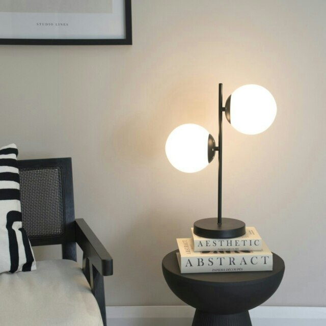 ValueLights Jas Opal White Frosted Glass Globe Shades 2 Way Black Table Lamp & Bulbs Black