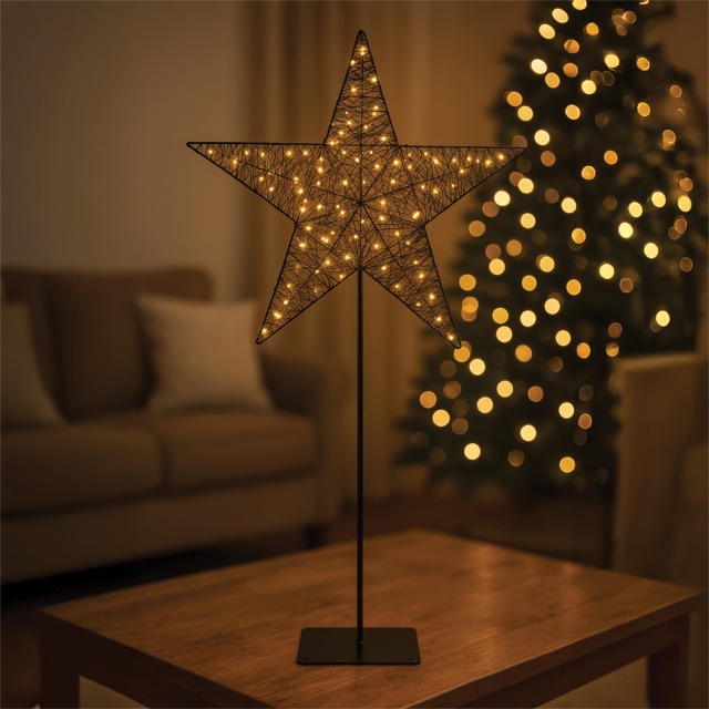 Xmas Haus Black Metal LED Christmas Holiday Festive Star with Stand 100 Warm White LEDs, Shiny PVC Rope, 5M Cable & IP20 Transformer Outdoor Festive Decoration