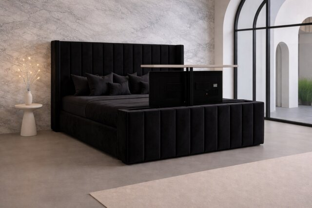 Tv Bed 6ft Superking Black Plush Plush Frame Only With 54inch Headboard Solid Bed