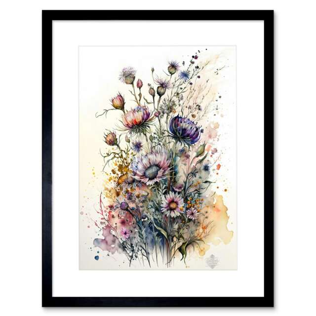 "Spring Wildflowers Watercolour Boho 9x7"" Black Framed Wall Art Print"