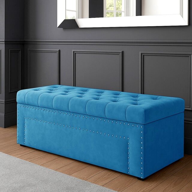 137cm Duke Ottoman Storage Box -Upholstered Blanket Box - Duck Egg Plush Velvet Multifunctional Storage Box