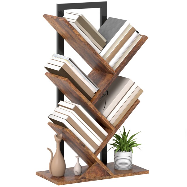 HOMCOM 5-Tier Tree Bookshelf with Steel Frame for Living Room, Rustic Brown Brown