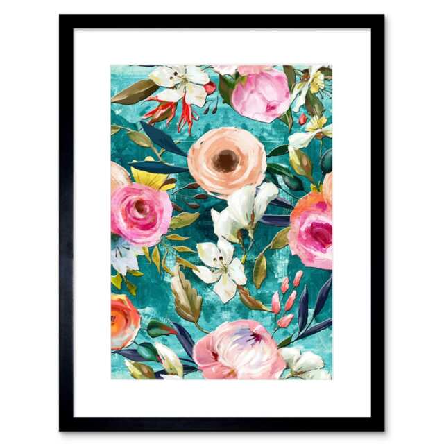 "Elegant Spring Flowers Floral Pattern Painting 9x7"" Black Framed Wall Art Print"