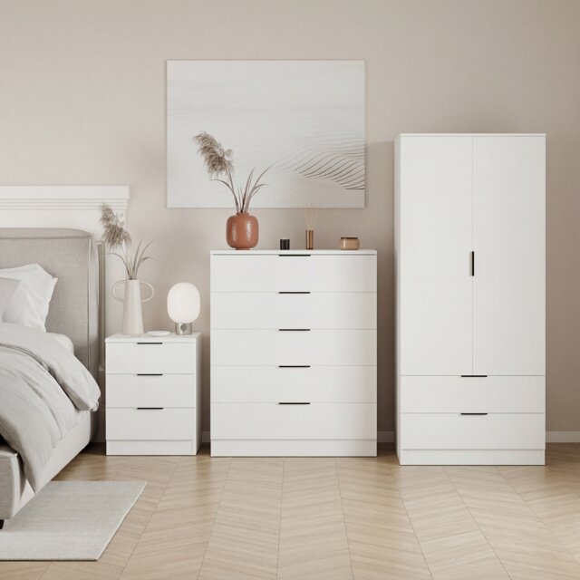 Vida Designs Trega 3 Piece Bedroom Set (3 Drawer Bedside Chest, 5 Drawer Chest, 2 Door 2 Drawer Wardrobe) White