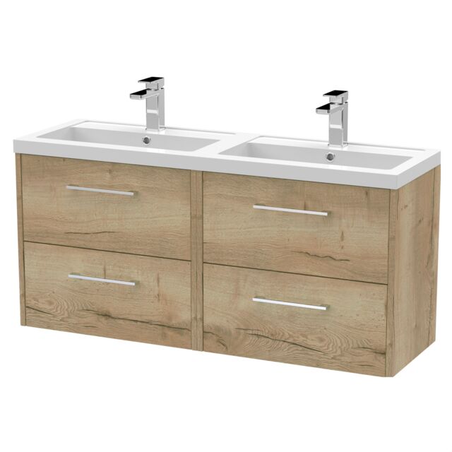 Balterley Winshill Contemporary 4 Drawer Wall Hung Vanity Unit with Double Basin, Light Oak, 1200mm