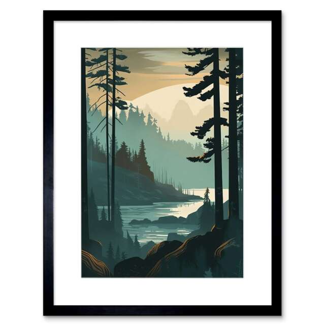 "Great Bear Rainforest Misty Sunrise Landscape 9x7"" Black Framed Wall Art Print"