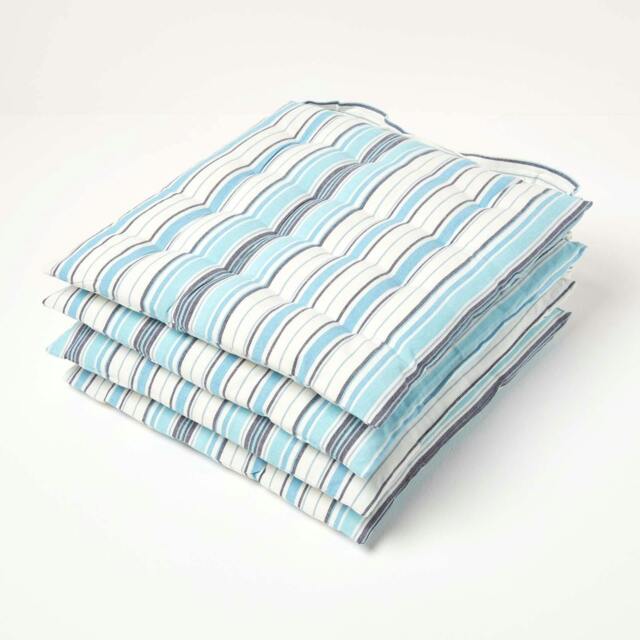 Homescapes 4 x Seat Pads Luxury Cotton Stripe Indoor Outdoor Garden Dining Cushion Blue 40 x 40 cm 4