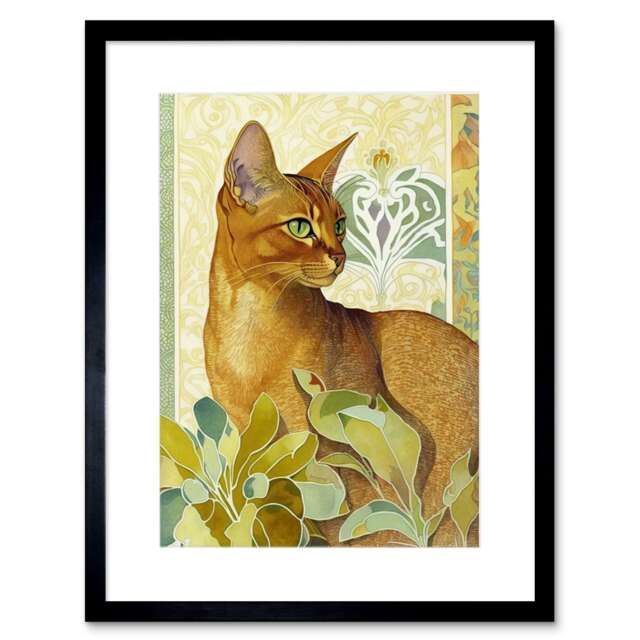 "Abyssinian Cat Plants Art Nouveau Modern Watercolour 9x7"" Black Framed Wall Art Print"