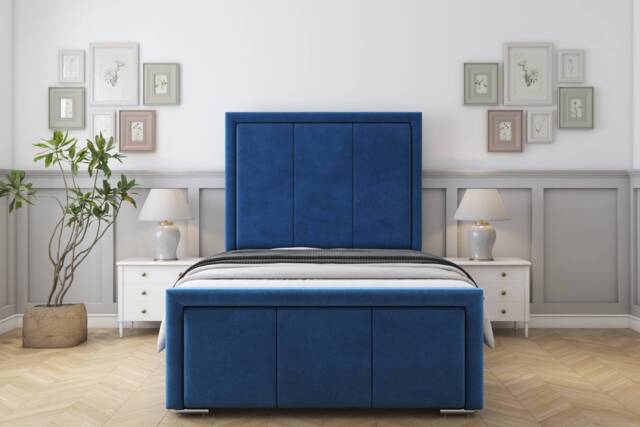 "Sloomy Lancaster Navy Plush Bed Frame With Mattress With 50"" Upholstered Headboard 5' King"
