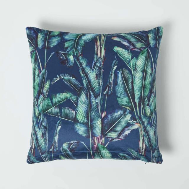 Homescapes Navy Tropical Banana Leaf Velvet Filled Cushion - 46 x 46 cm Blue Teal, Navy 1