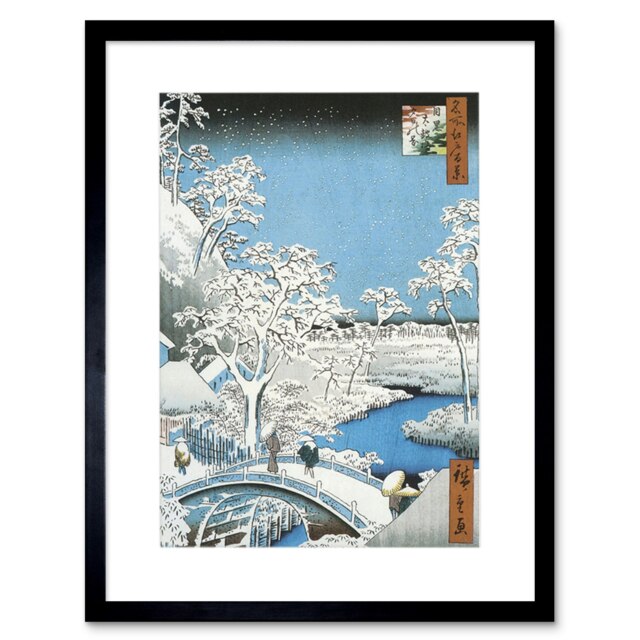 Painting Japanese Woodblock Winter Bridge Over River Framed Wall Art Print