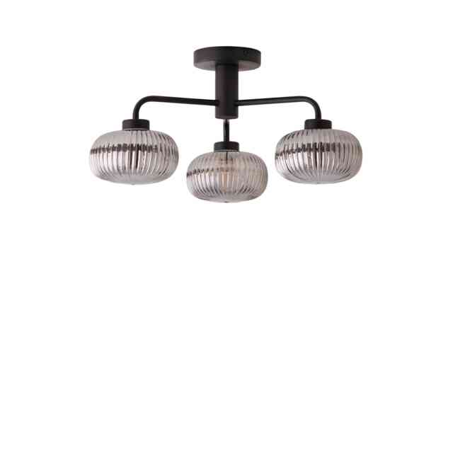 ValueLights Amaia Black IP44 3 Way Smoke Ribbed Glass Ceiling Light Black