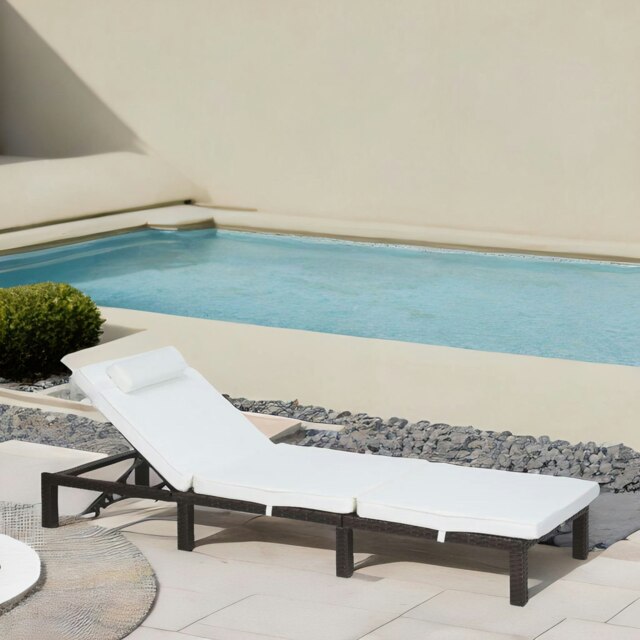 Rattan Sun Lounger For Garden Reclining Deck Chair With Cushion Cream Brown