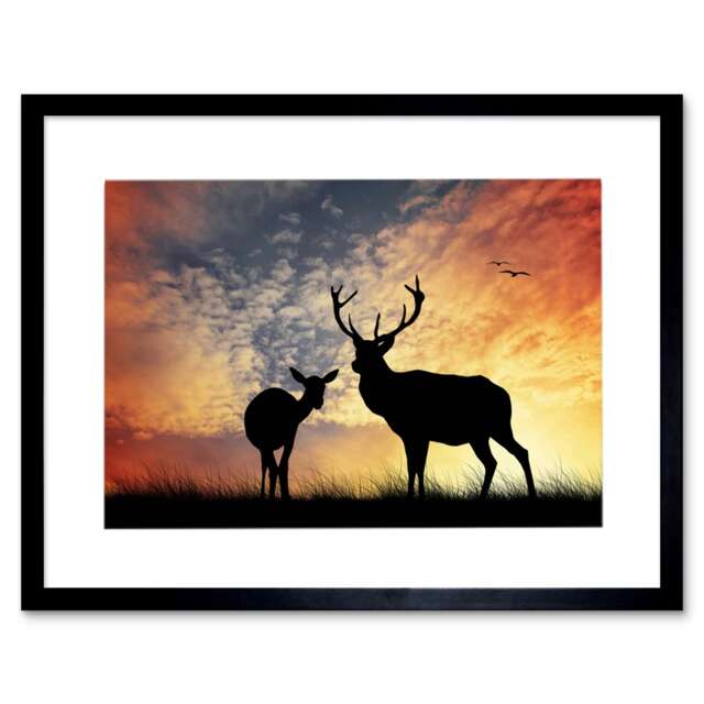 Photo Composition Deer Silhouette Sunset Sky Stag Framed Wall Art Print