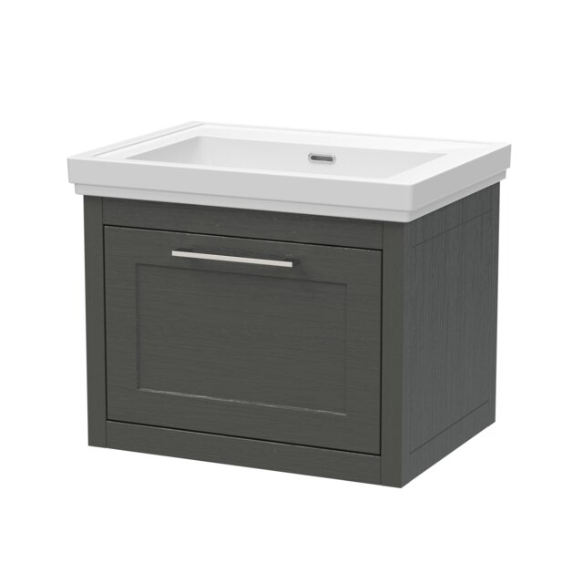 Balterley Traditional Bathroom Wall Hung 1 Drawer Vanity Unit and 0 Tap Hole Fireclay Basin Grey Dark Lead
