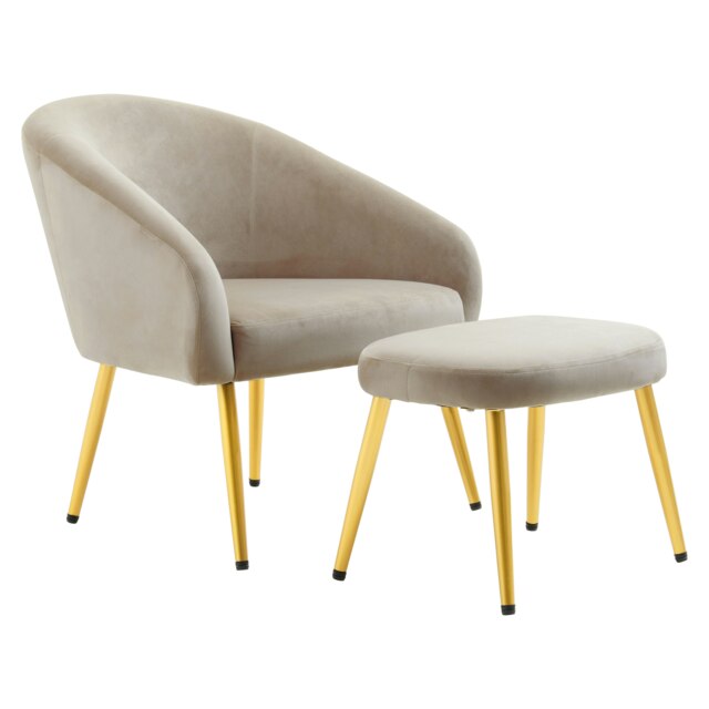 Orsina Mink Velvet Chair with Gold Legs and Footstool, Stylish and Contemporary Accent Chair with high Footstool