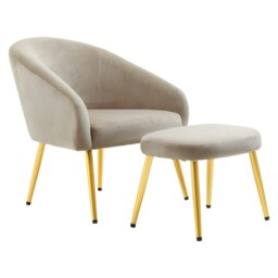 Orsina Mink Velvet Chair with Gold Legs and Footstool, Stylish and Contemporary Accent Chair with high Footstool