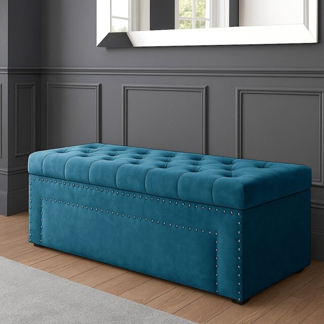 90cm Duke Ottoman Storage Box -Upholstered Blanket Box - Emerald Green Plush Velvet Multifunctional Storage Box