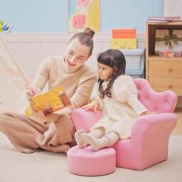 HOMCOM Kids Sofa Set, 2PCs Crown-Themed Child Armchair with Ottoman