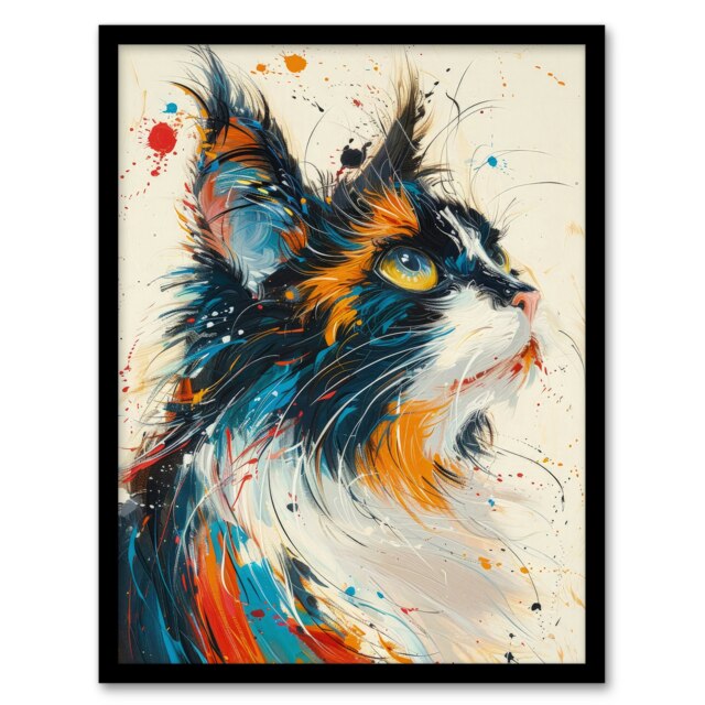 Paint Splat Maine Coon Cat Lover Pet Home Decor Black Framed Wall Art Print A4