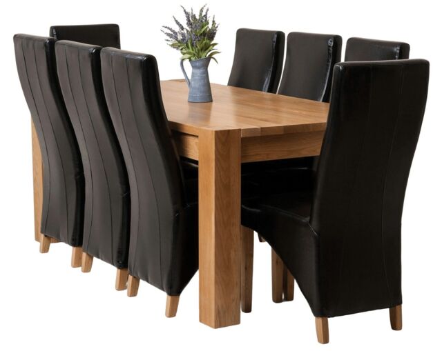 Kuba 180 x 90 cm Chunky Oak Dining Table and 8 Lola Leather Chairs Black Black
